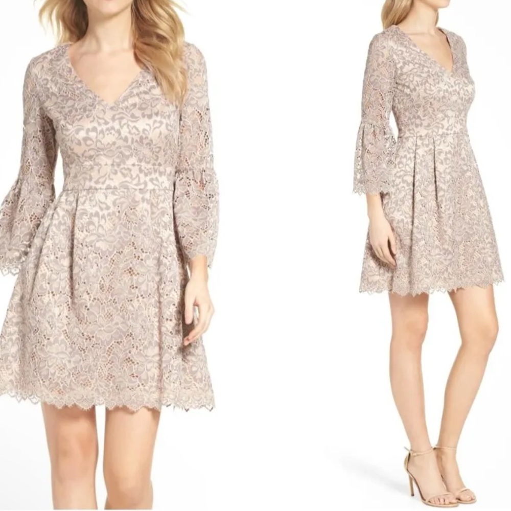 Eliza J Women’s Lace Fit and Flare Tan Gray Bell Sleeve Dress Size 18‎ NWT/NEW